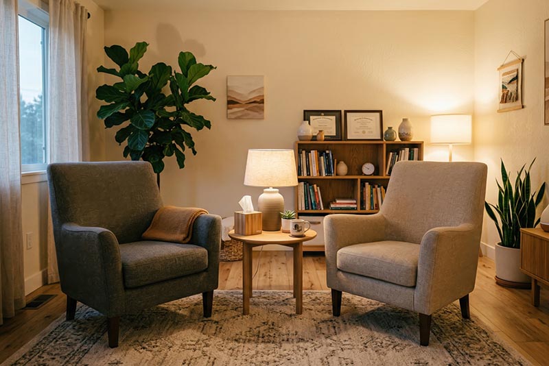 Modern therapy office with comfortable chairs and warm lighting