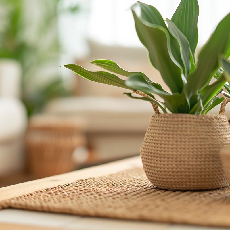 Two green plants in woven baskets on a wooden table in a living